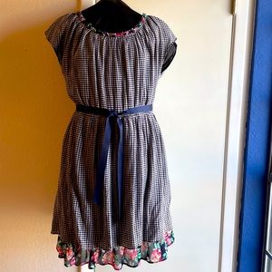 Navy Checked with Floral Accent Dress